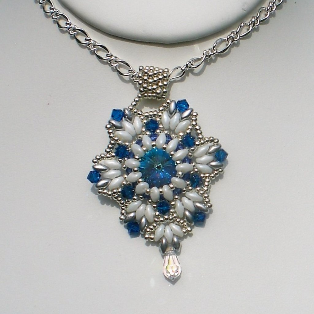 Blue Delight Albany Pendant; Hand Beaded, Couture, Blue